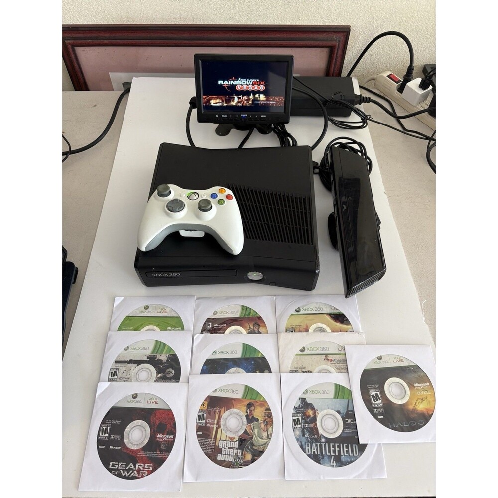 Xbox 360 S Slim 1439 Bundle 2 Controllers Kinect 10 Games Tested Working Console